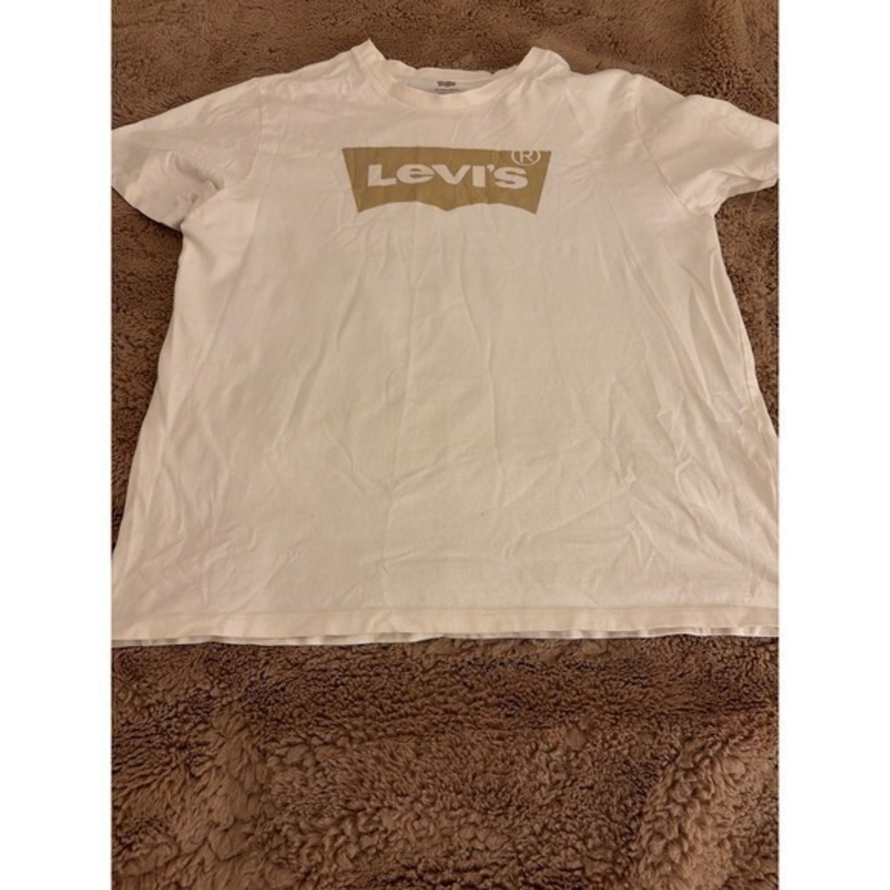 Levis Womens White Beige Batwing Logo Graphic T-Shirt Size L Standard Fit Teege